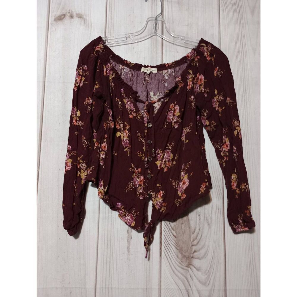 Rewind Shirt Ladies Small Maroon Floral Crop top‎ Long Sleeve